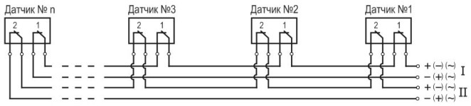 Вариант последовательного подключения датчиков ДКСЛ-В(Н)-11...22-Ex