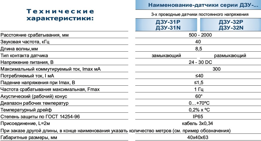 Технические характеристики датчиков серии ДЗУ